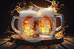 two clinking glass mugs with golden beer and foam on a wooden table with splashes