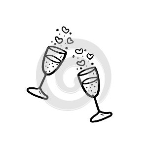Two clinking glasses with sparkling wine, champagne and vices of love in black isolated on white background. Hand drawn vector