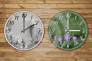 Two clocks: one represents winter and shows 02:00, the other represents spring and shows 03:00.