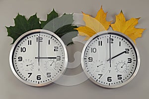 Two clocks, one showing two o'clock and the other three o'clock. A symbol of the change of time from summer to winter.