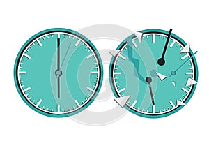 Two clocks. One of them broken. Concept of deadline, lack of time, carelessness or lost time photo