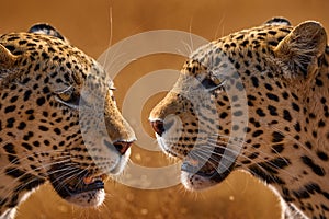 Two close-up detail portrait of Leopard golden grass sunset, Savuti, Chobe NP, in Botswana, Africa. Big spotted cat in the wild