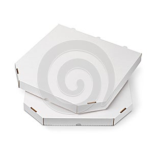 Two closed blank paper cardboard plain boxes for pizza isolated white. Fast food packaging