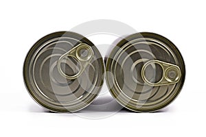 Two closed food cans with closed lid with pull rings on white background