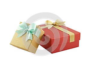 two closed gift boxes (yellow gold box with mint green ribbon bow and red box with golden ribbon bow) isolated on white