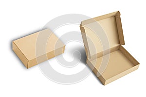 Two closed and open brown kraft cardboard delivery shipping box mockup isolated on white background.