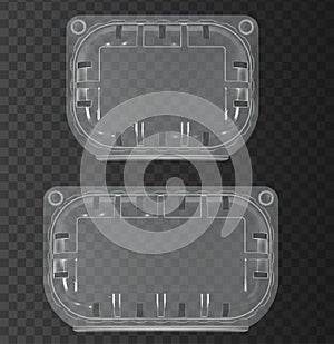 Two closed plastic containers on the transparent vector background. Realistic empty 3d polyethylene box for food