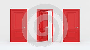 Two closed red doors and one open door isolated on a white background. Creative glamorous minimal style. Choice, business and
