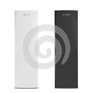 Two closed refrigerators, white and black