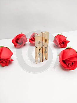Two clothing pins and roses on white background