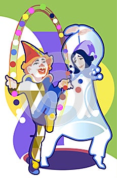 Two clowns - jugglers in the circus