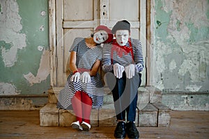 Two clowns, mime artists, parody comedy