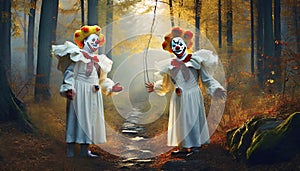 two clowns on a path through the forest