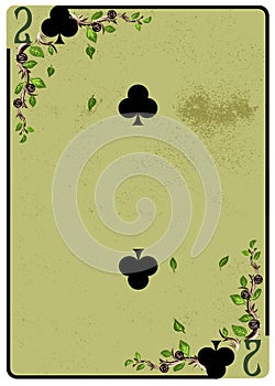 Two of Clubs playing card. Unique hand drawn pocker card. One of 52 cards in french card deck, English or Anglo-American pattern. photo