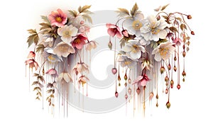 Two clusters of elegant flowers and foliage create