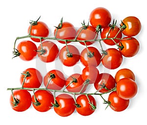 Two clusters of fresh cherry tomatoes. White isolated background. View from above.