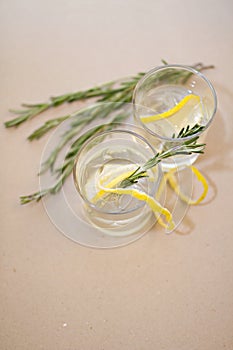 Two cocktail glasses and rosemary branches on a table