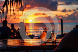 Two cocktails on the table of a cafe on the beach