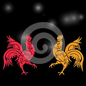 Two cocky rooster, red and yellow on a background of constellation . Chinese Horoscope - Rooster. Chinese New Year.