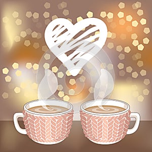 Two cocoa or coffee cups and white hatching heart