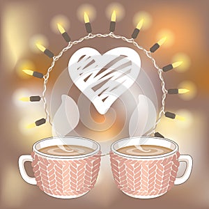 Two cocoa or coffee cups and white hatching heart