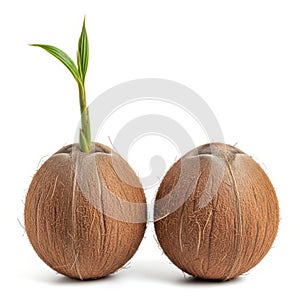Two coconuts, one sprouting isolated on white background