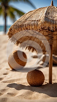 Two coconuts under a straw umbrella on a sandy beach.