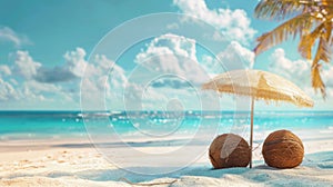 Two coconuts under a straw umbrella on a sandy beach