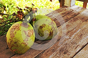 Two coconuts on wooden floor
