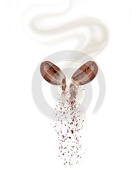 Two coffee beans with hot steam close-up on white background