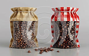 Two coffee beans in stand up pouches with a red and white checkered design on the top,mock up