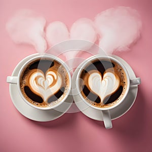 Two coffee cups with the coffee\'s steam forming the shape of a heart