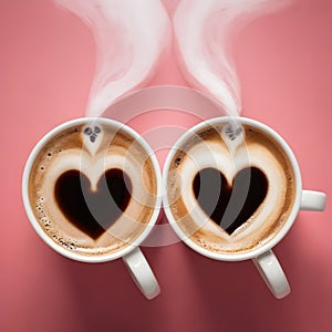 Two coffee cups with the coffee\'s steam forming the shape of a heart