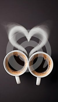 Two coffee cups with the coffee\'s steam forming the shape of a heart