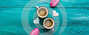 Two coffee cups, hearts and flowers. Valentine day