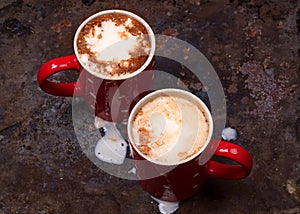 Two coffee cups for lovers prepare for morning coffee with copy blank space