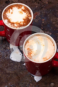 Two coffee cups for lovers prepare for morning coffee with copy blank space