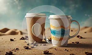 Two coffee cups, one with white lid and the other with colorful striped pattern, sit on sandy surface with photo