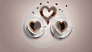 two coffee cups where the steam of the coffe forms the shape of a heart,