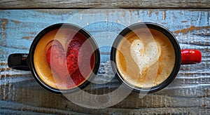 Dvě káva nápoje na z dřevěný stůl Valentýn srdce 