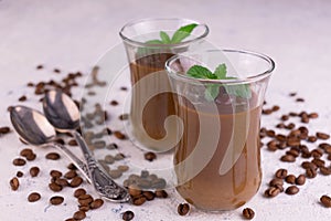 Two coffee mous dessert decorated with mint on a white background. Close-up.
