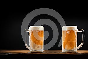 Two cold mugs with beer, with overflowing foam, on wooden table and dark background, space for writing