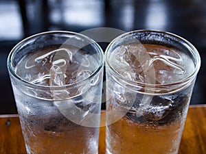 Two cold water glass with ice cubes, Water drops, Close up & Macro shot, Selective focus, Healthy Drink concept