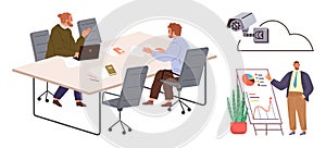 Office Team Meeting, Data Presentation, and Cloud Security Concept