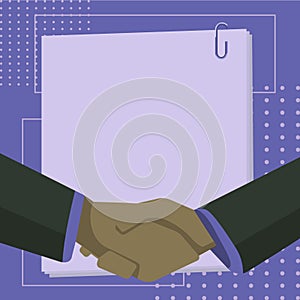 Two Colleagues Shaking Hands Accomplishing Deal With Pack Of Paper On Background. Pile Of Papers Clipped Together