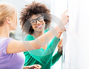 Two colleagues sticking adhesive notes to wall