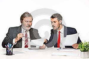 The two colleagues working together at office on white background.