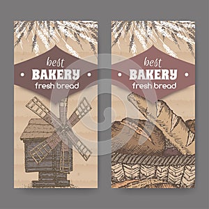 Two color bakery label templates with wooden windmill, wheat and bread on cardboard background