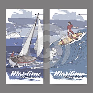 Two color banners with sailboat and surfer sketch. Maritime adveture series.