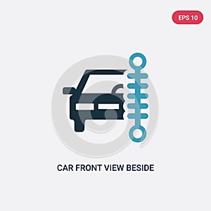 Two color car front view beside a traffic meter vector icon from mechanicons concept. isolated blue car front view beside a